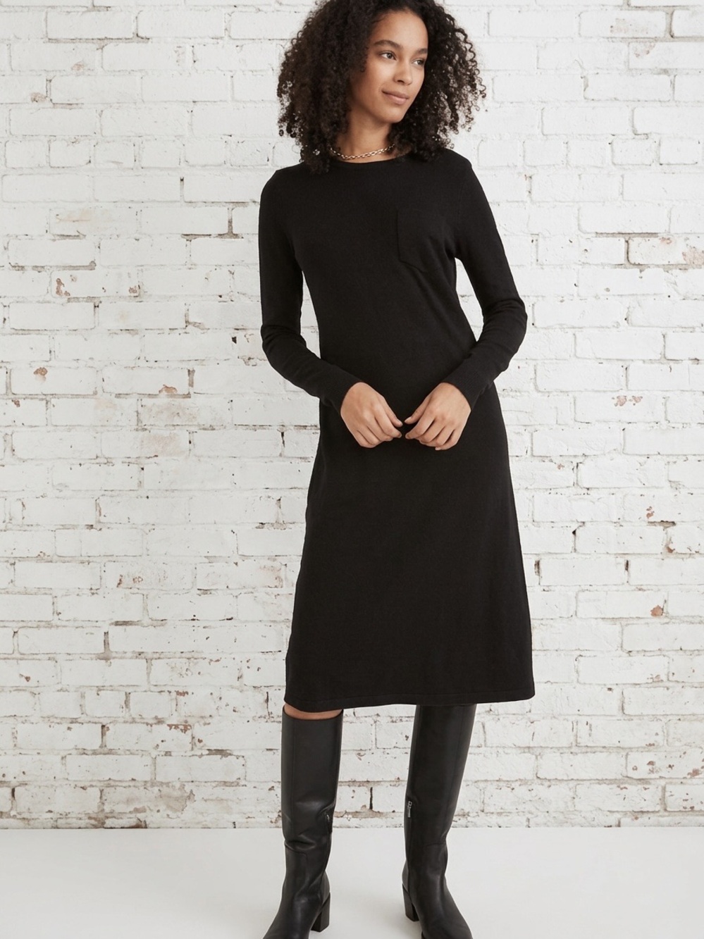 MADEWELL Black Ribbed Pocket Tee Long-Sleeve Midi Dress